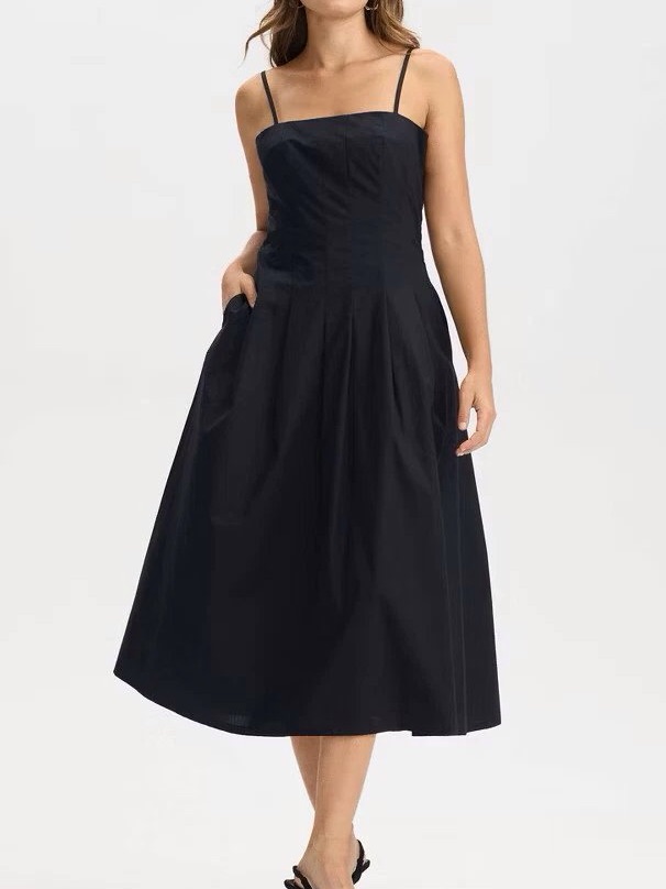 Classic Black Spaghetti-Strap Midi Dress